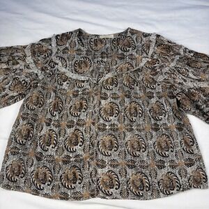 ULLA JOHNSON Edith Blouse Womens Cream Brown Floral Leaf Print Balloon Sleeve 10